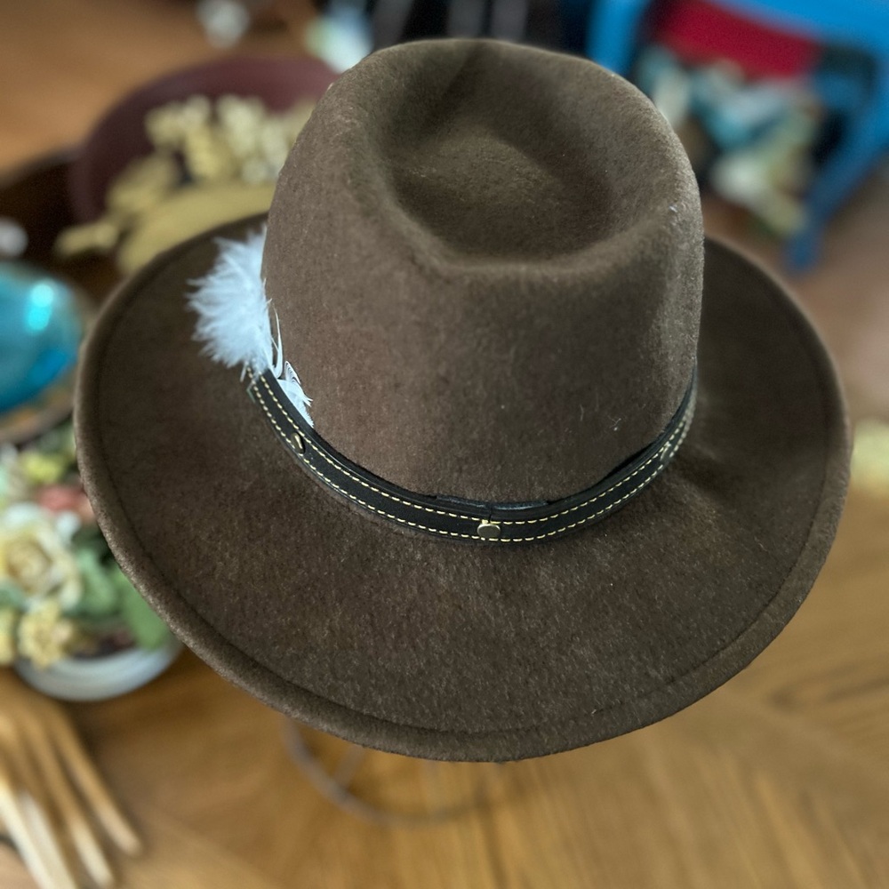 Vintage Brown Wool Cowboy Hat with Leather Band & Feather Accent - Picture 8 of 14